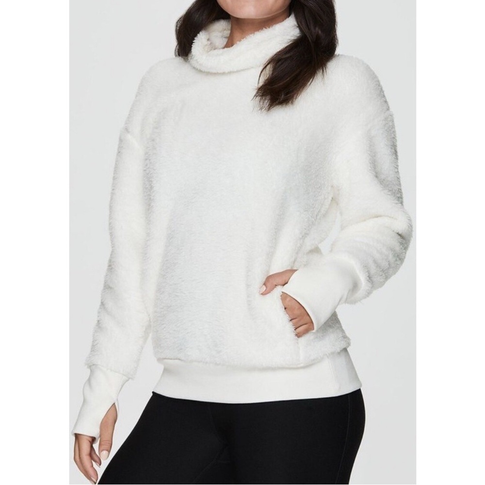 RBX Active Super Soft Faux Fur Sherpa Mock Neck Pullover Sweatshirt Ivory White
